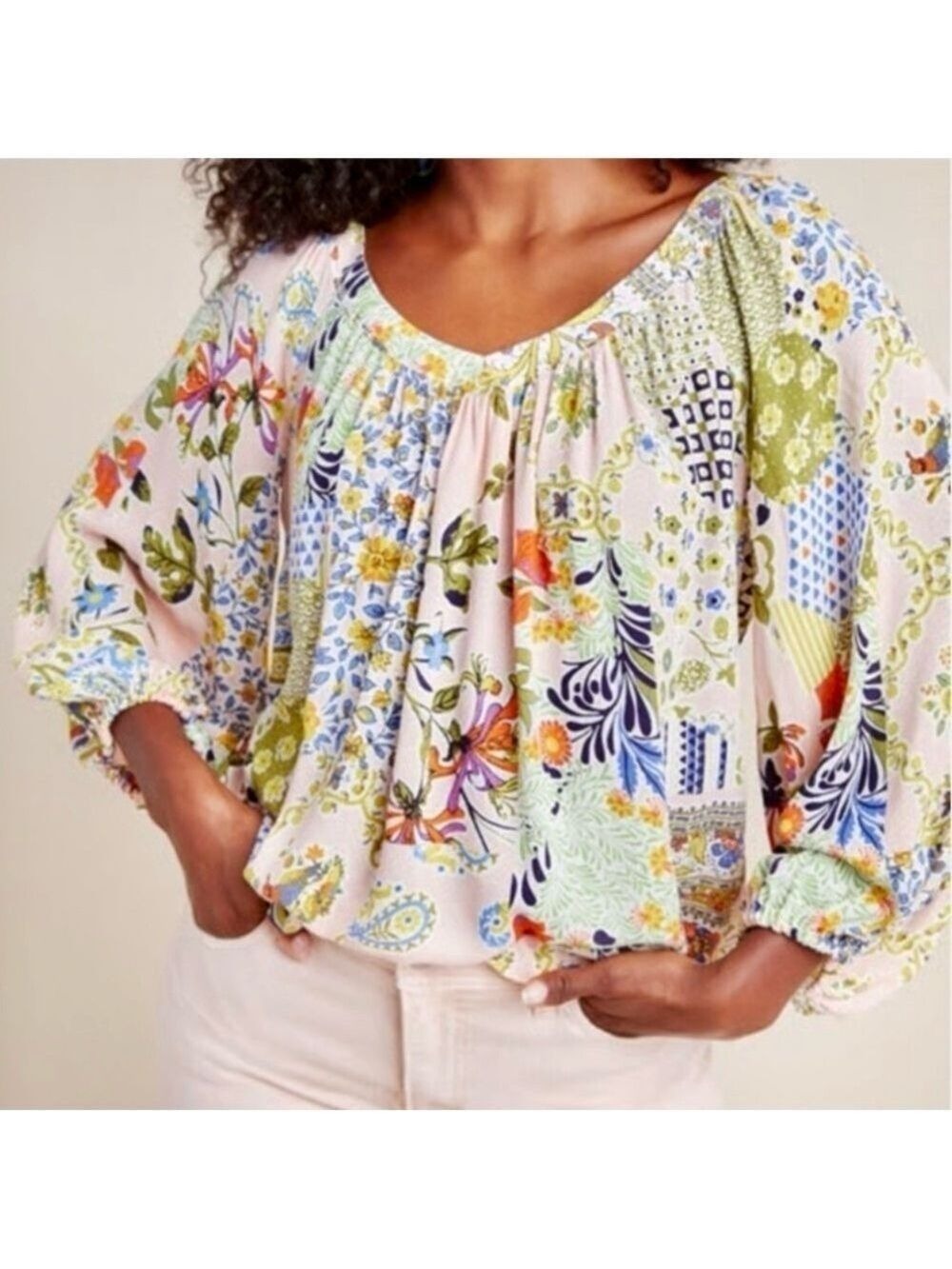 Anthropologie Maeve Boswell Pink Floral Paisley Flowy Peasant Blouse size 4